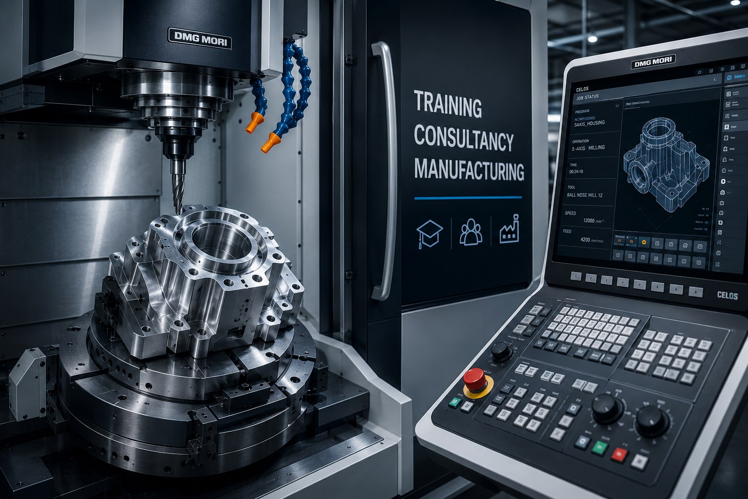 5-axis machining centre cutting a precision component